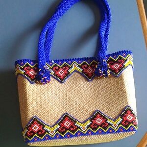 Geometric Tan and Blue Tote with Ethnic Charm